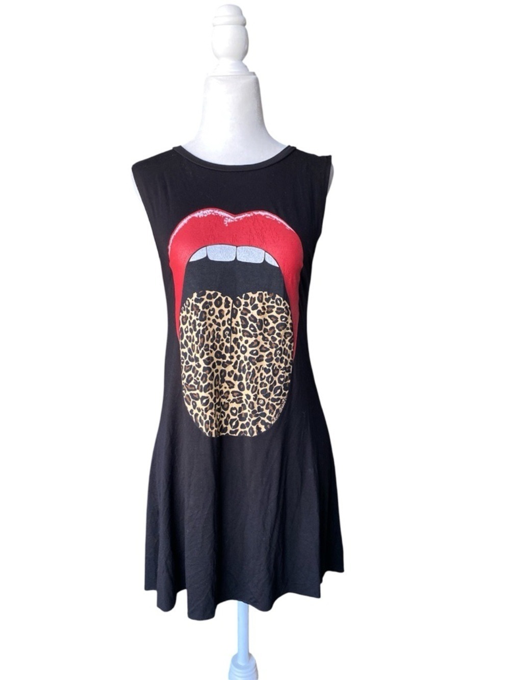 Graphic Lip & Leopard Tongue Sleeveless Black Dress